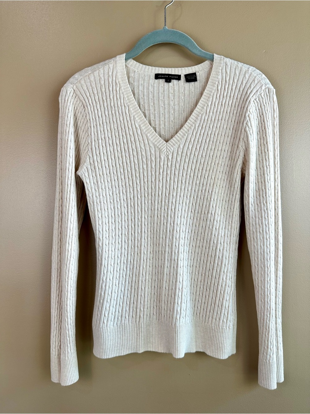 Jeanne Pierre Cream V-Neck Cable Knit Cotton Sweater Size S Preppy Minimalist